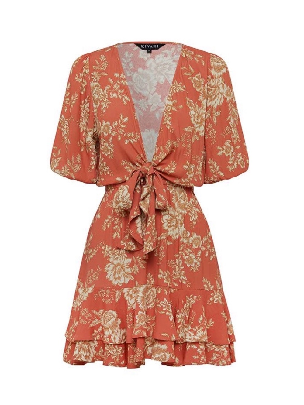 Kivari Terracotta Floral Tie-Front Mini Dress